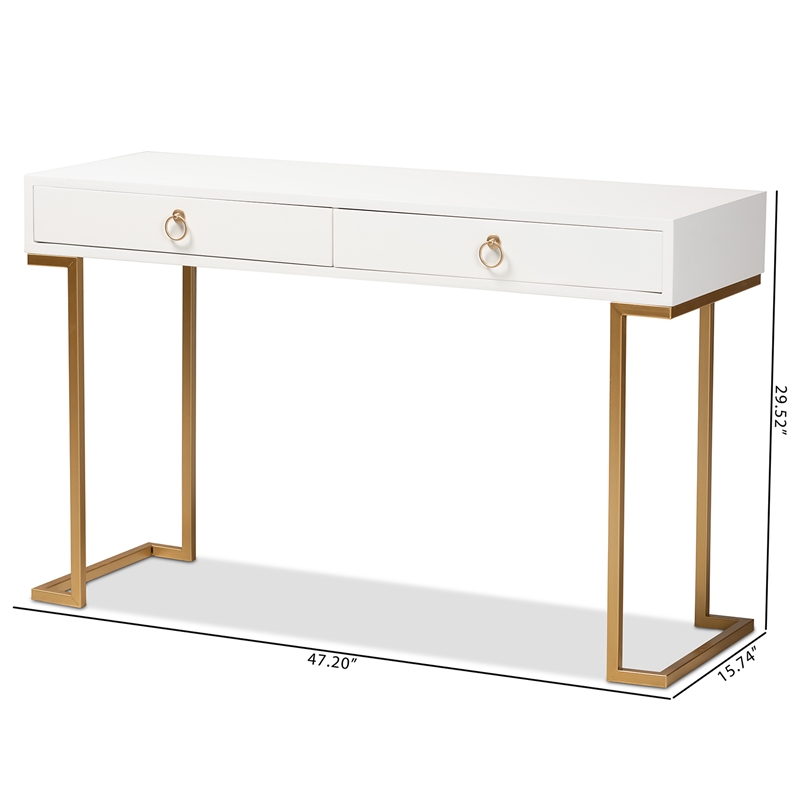 Bowery Hill White Finished Wood and Gold Metal 2-Drawer Console Table