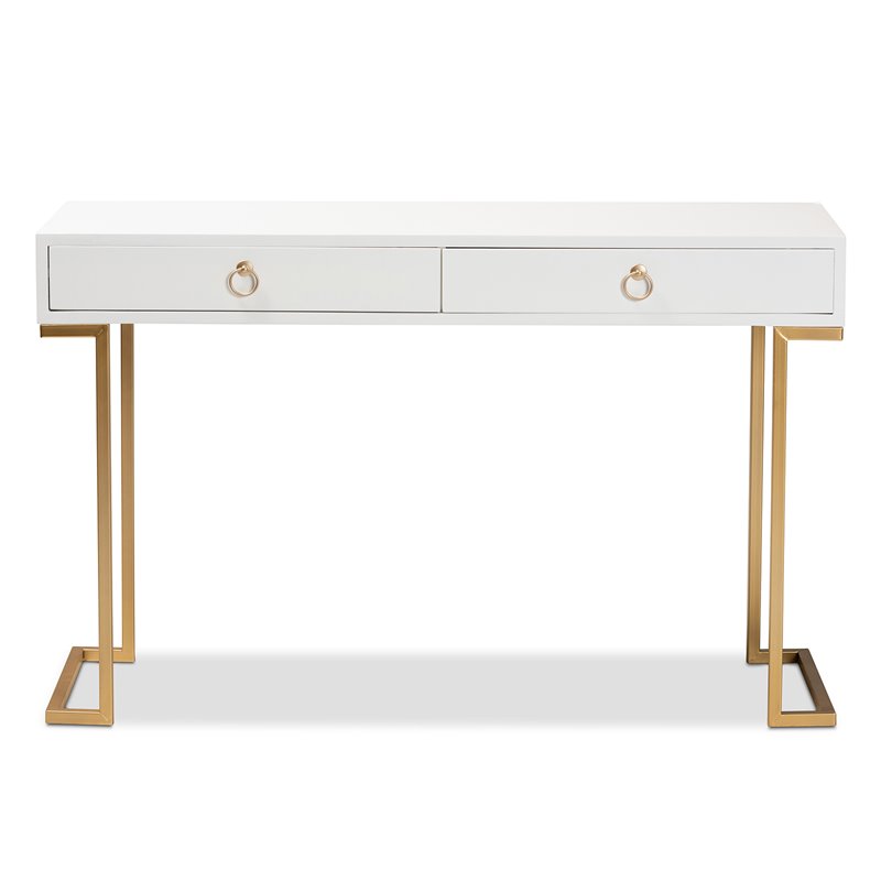 Bowery Hill White Finished Wood and Gold Metal 2-Drawer Console Table