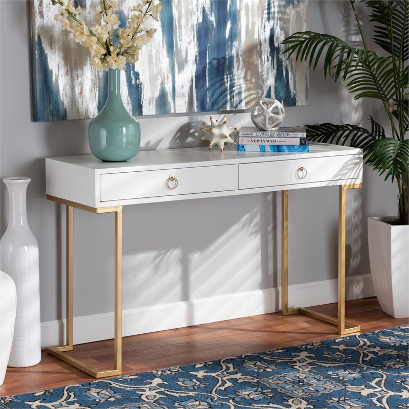 Bowery Hill White Finished Wood and Gold Metal 2-Drawer Console Table