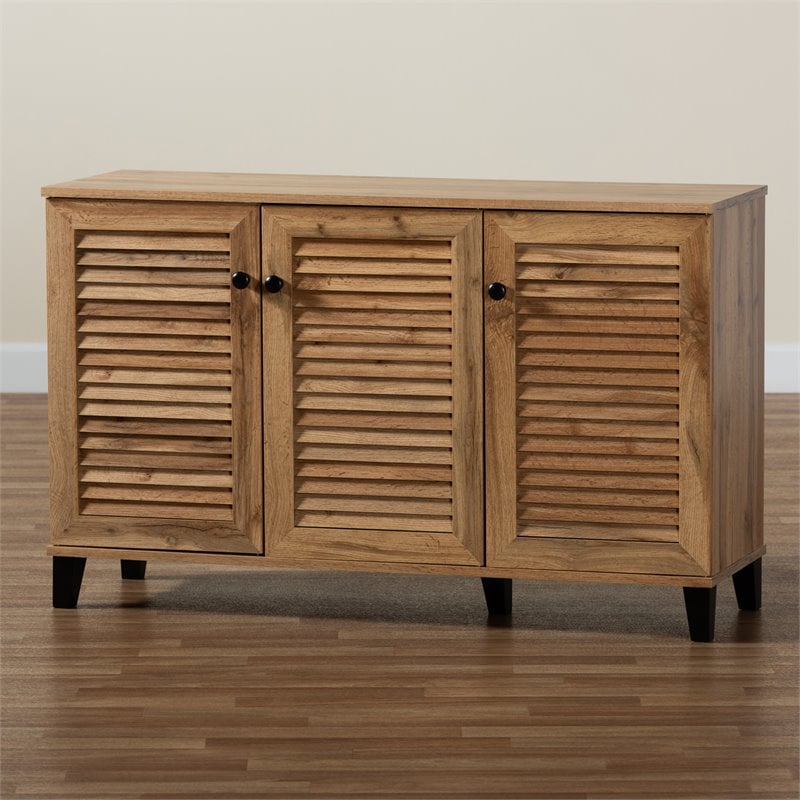 Bowery Hill Oak Brown Finished Wood 3-Door Shoe Storage Cabinet