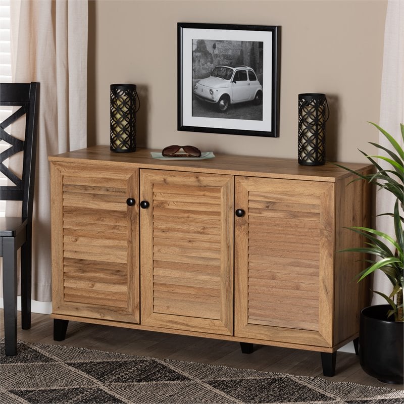 Bowery Hill Oak Brown Finished Wood 3-Door Shoe Storage Cabinet