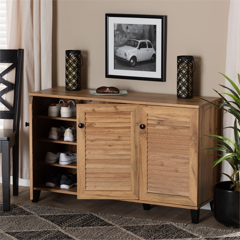 Bowery Hill Oak Brown Finished Wood 3-Door Shoe Storage Cabinet