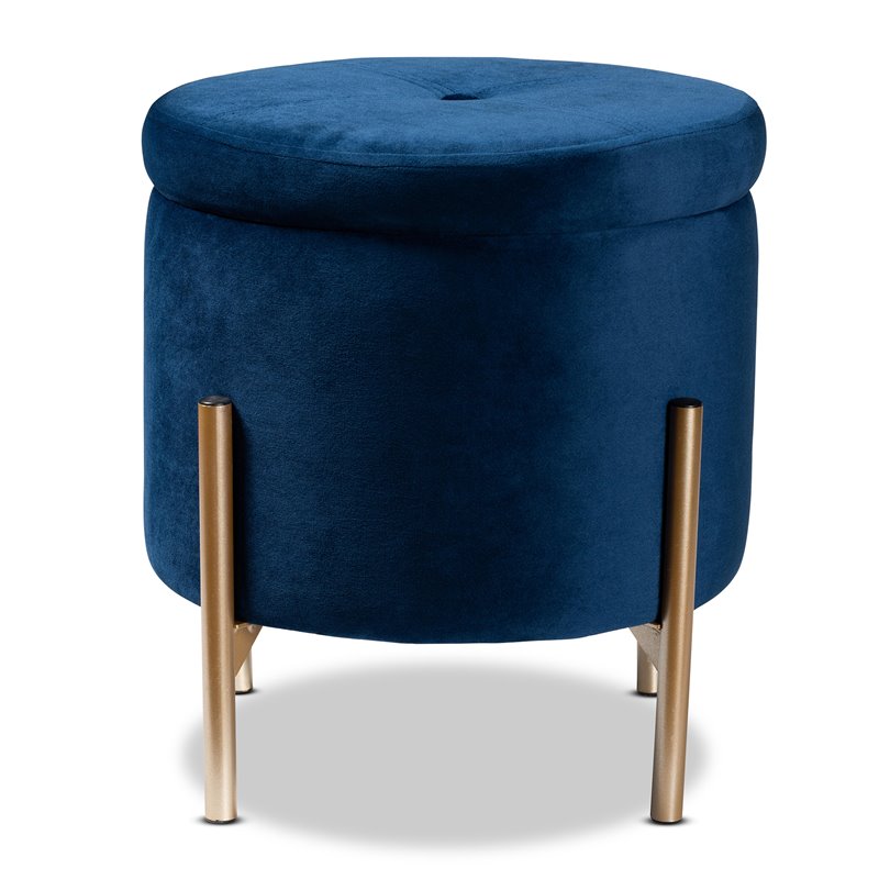Bowery Hill Navy Blue Velvet and Gold Finished Metal Storage Ottoman