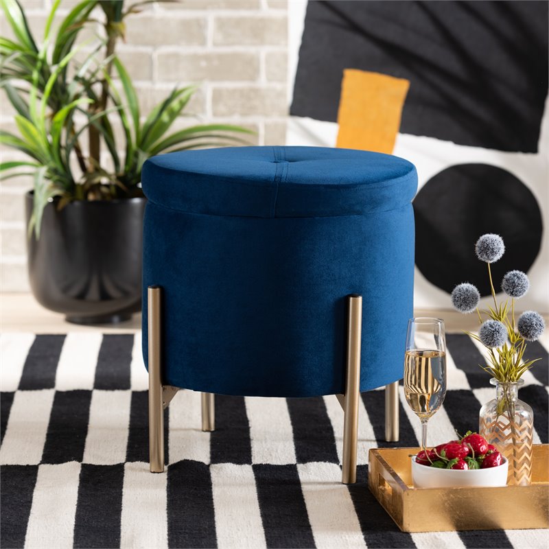 Bowery Hill Navy Blue Velvet and Gold Finished Metal Storage Ottoman