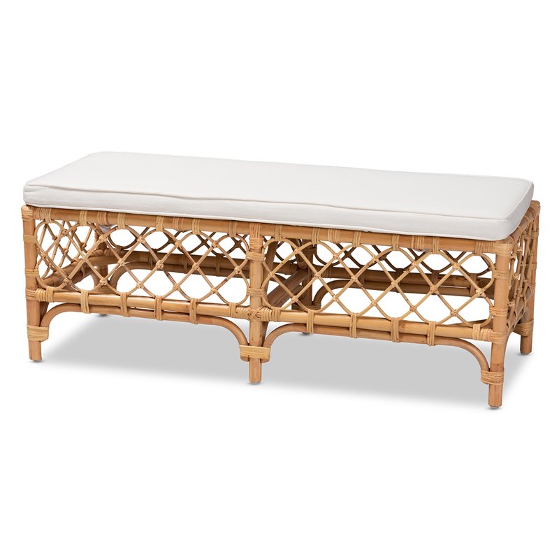Bowery Hill Orchard White Fabric Upholstered and Brown Rattan Bench