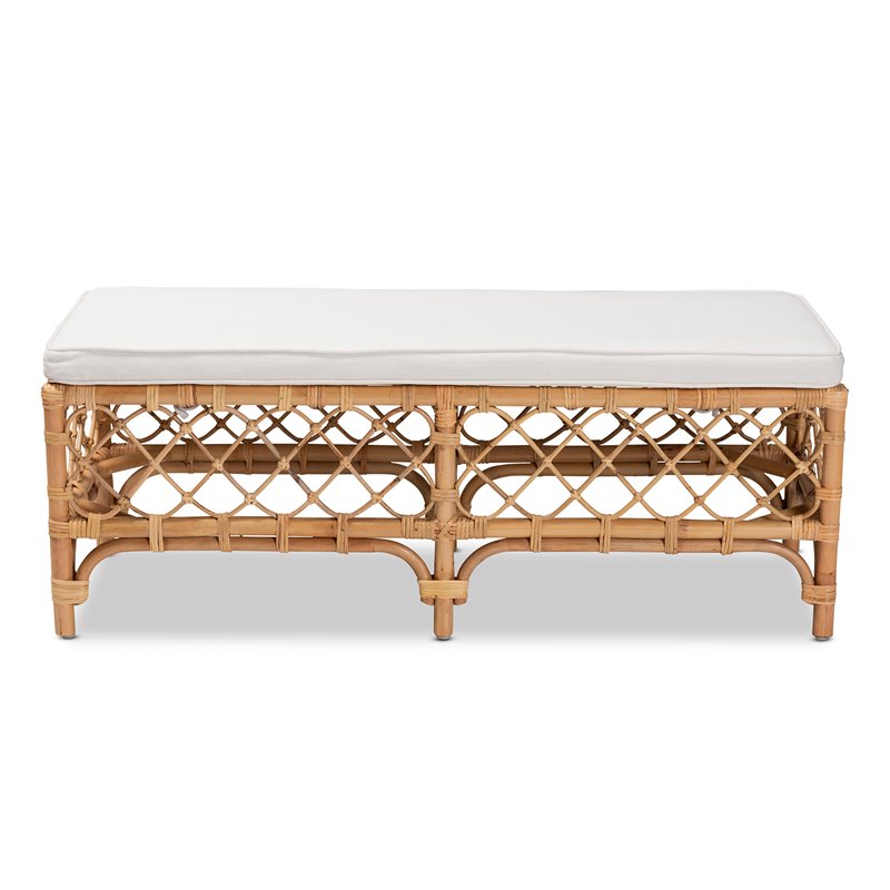 Bowery Hill Orchard White Fabric Upholstered and Brown Rattan Bench