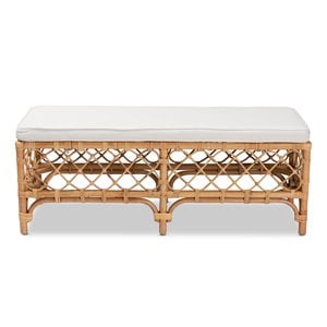 Bowery Hill Orchard White Fabric Upholstered and Brown Rattan Bench