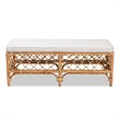 Bowery Hill Orchard White Fabric Upholstered and Brown Rattan Bench