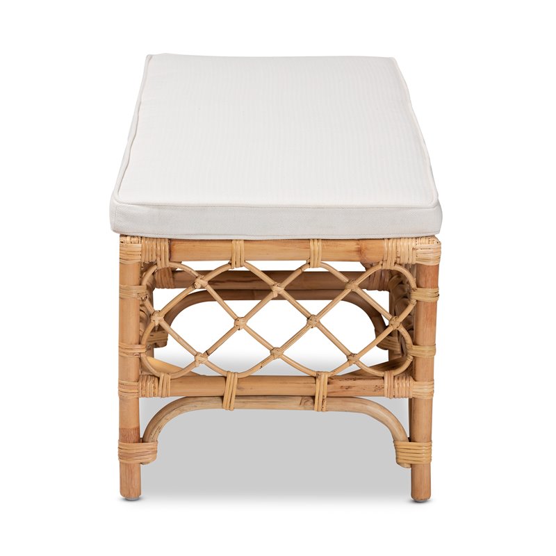 Bowery Hill Orchard White Fabric Upholstered and Brown Rattan Bench