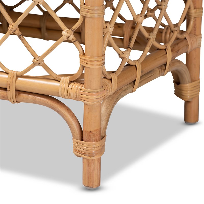 Bowery Hill Orchard White Fabric Upholstered and Brown Rattan Bench