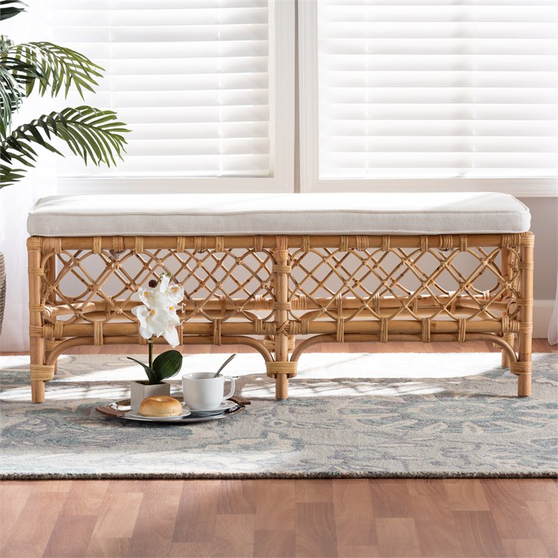 Bowery Hill Orchard White Fabric Upholstered and Brown Rattan Bench