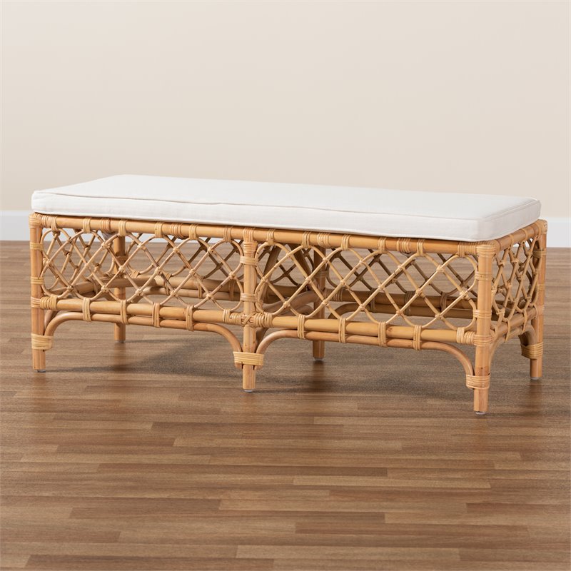 Bowery Hill Orchard White Fabric Upholstered and Brown Rattan Bench