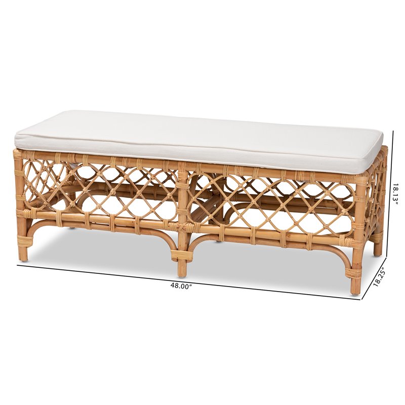 Bowery Hill Orchard White Fabric Upholstered and Brown Rattan Bench