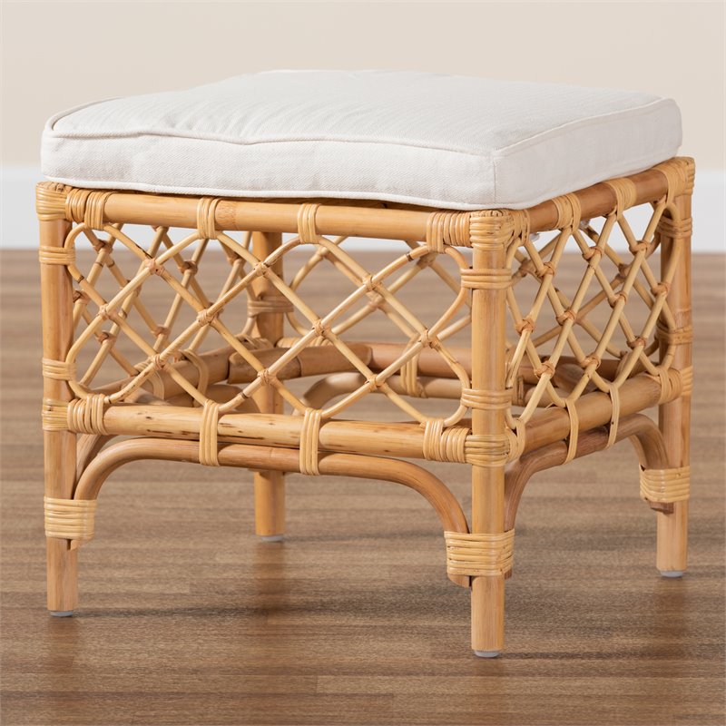 Bowery Hill Orchard White Fabric Upholstered and Brown Rattan Ottoman