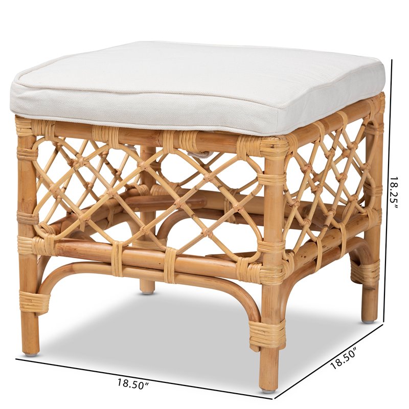 Bowery Hill Orchard White Fabric Upholstered and Brown Rattan Ottoman