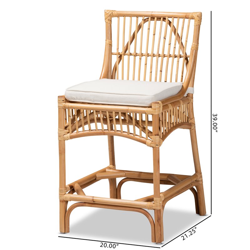 Bowery Hill White Fabric Upholstered and Brown Rattan Counter Stool