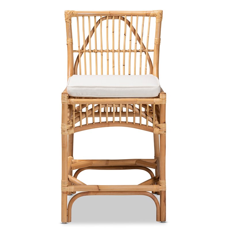 Bowery Hill White Fabric Upholstered and Brown Rattan Counter Stool