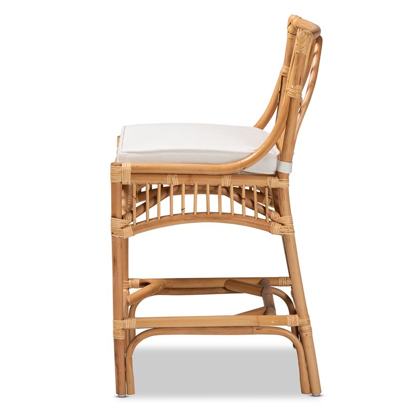 Bowery Hill White Fabric Upholstered and Brown Rattan Counter Stool