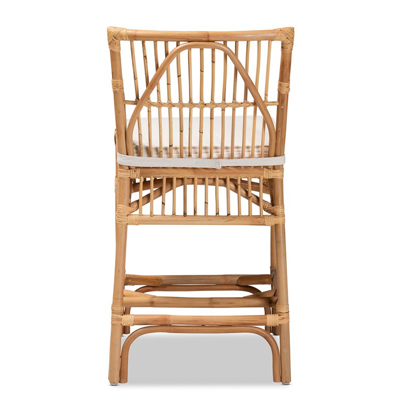Bowery Hill White Fabric Upholstered and Brown Rattan Counter Stool