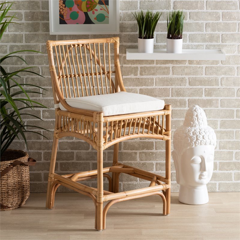 Bowery Hill White Fabric Upholstered and Brown Rattan Counter Stool
