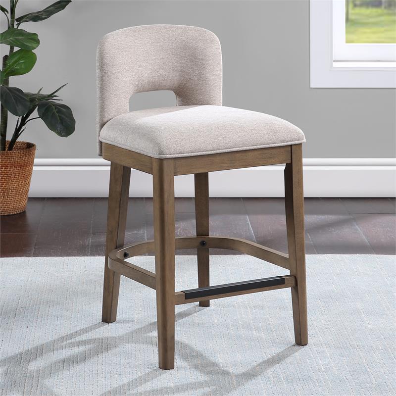Bowery Hill Brown Solid Wood and White Fabric 24-inch Bar Stool