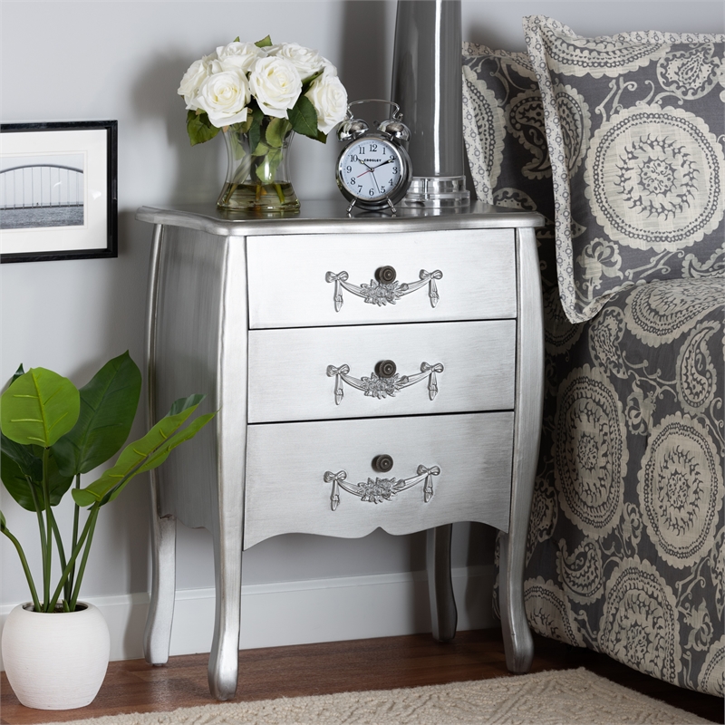 Bowery Hill Brushed Silver Finished Wood 3-Drawer Storage Cabinet
