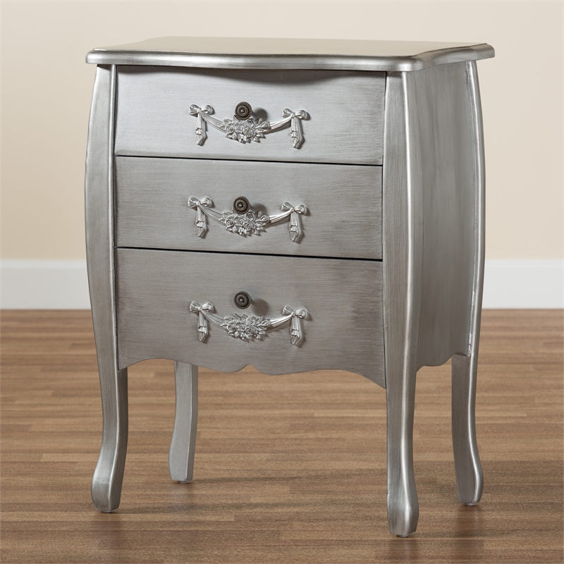 Bowery Hill Brushed Silver Finished Wood 3-Drawer Storage Cabinet