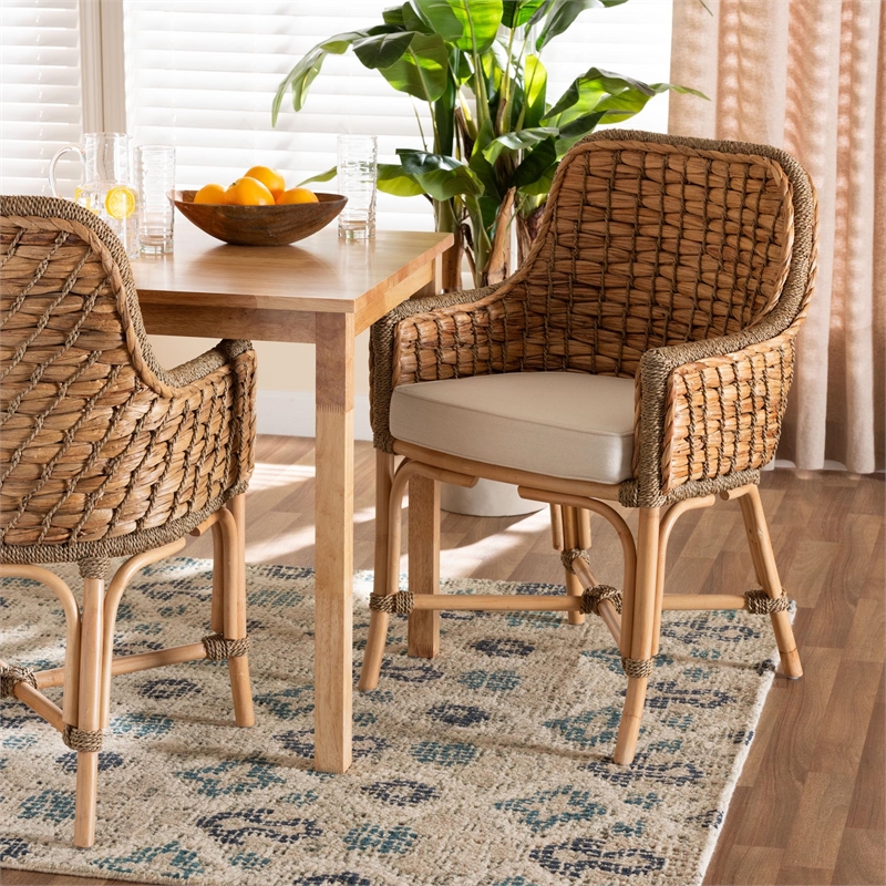 Bowery Hill Natural Brown Woven Rattan Dining Arm Chair with Cushion