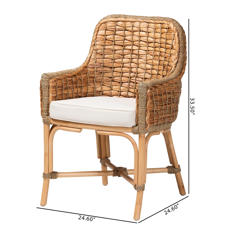 Bowery Hill Natural Brown Woven Rattan Dining Arm Chair with Cushion