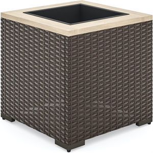 Bowery Hill Acacia Wood Top and Rattan Outdoor Planter in Dark Brown