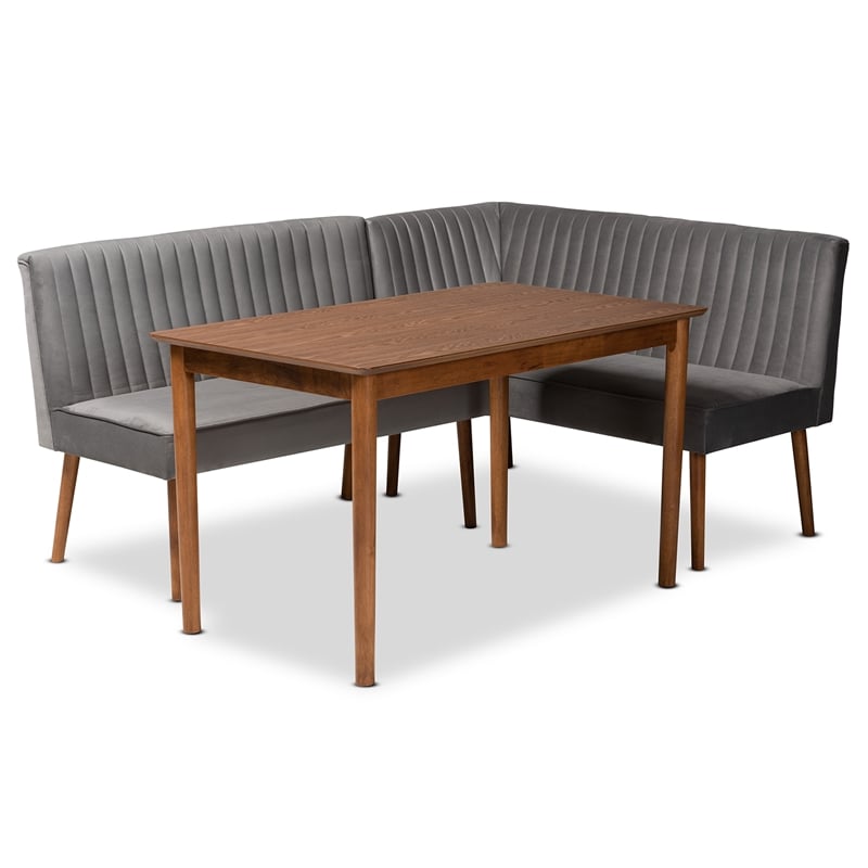 Bowery Hill Gray Velvet and Brown Wood 3-Piece Dining Nook Set