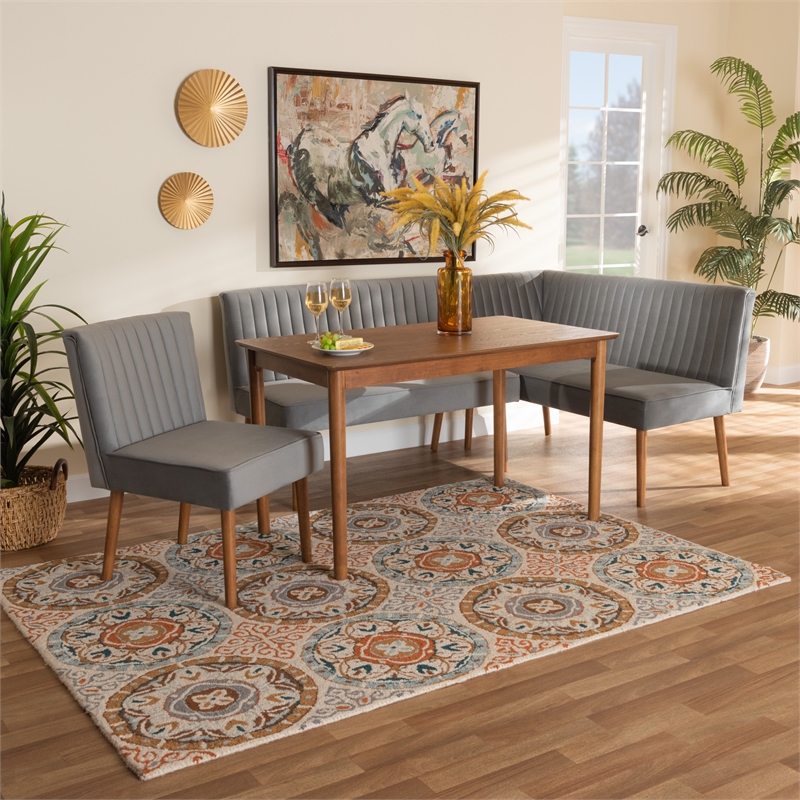 Bowery Hill Gray Velvet and Brown Wood 4-Piece Dining Nook Set