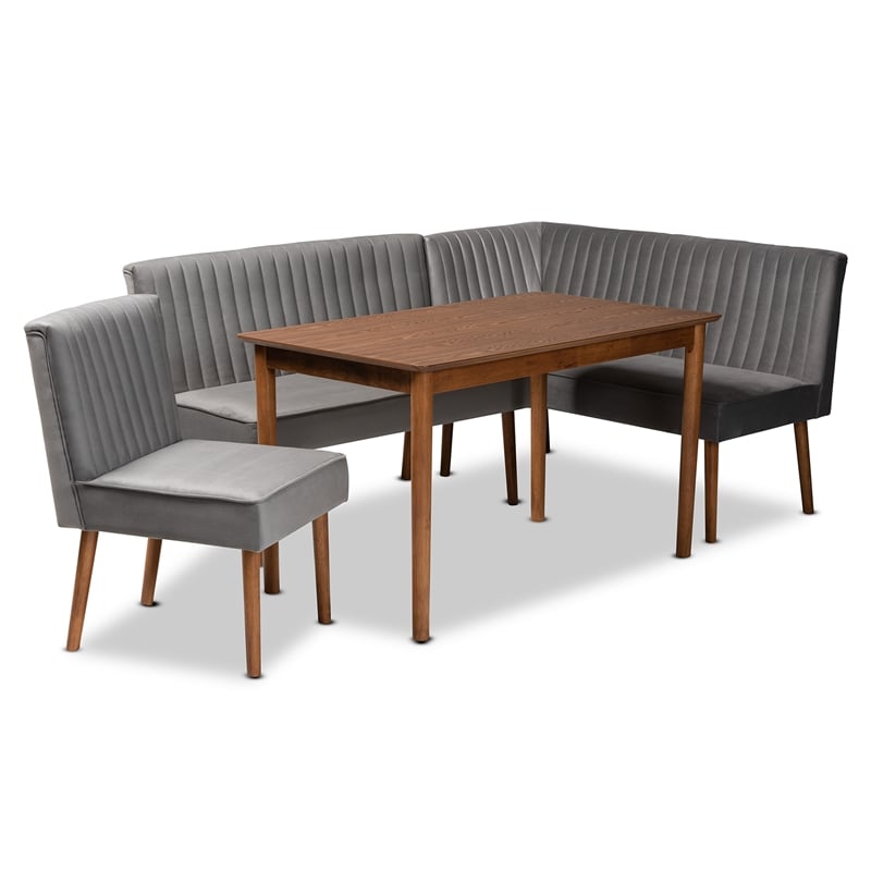 Bowery Hill Gray Velvet and Brown Wood 4-Piece Dining Nook Set