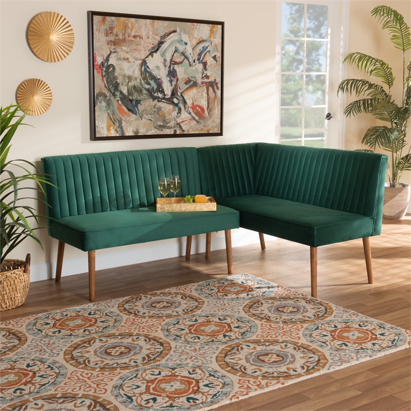 Bowery Hill Green Velvet and Brown Wood 2-Piece Dining Nook Set