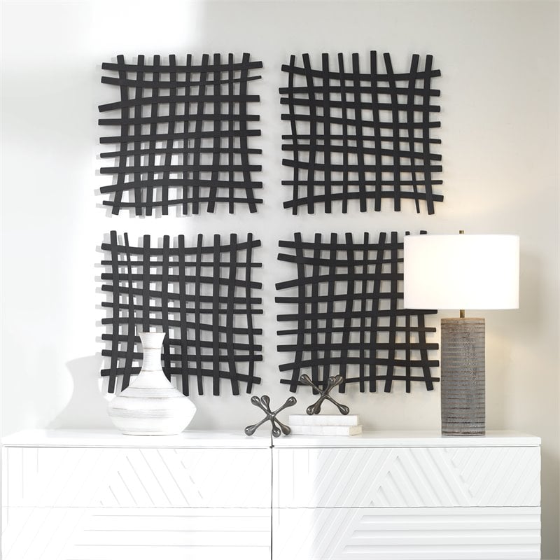 Bowery Hill Square Abstract Grid Pattern Iron Metal Wall Decor in Black