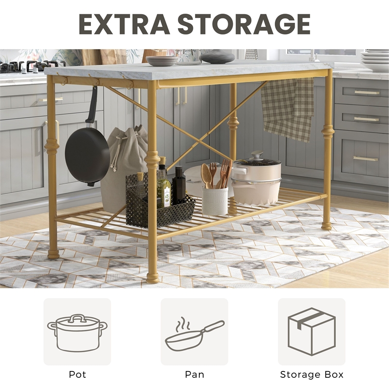 Bowery Hill Modern Marble Top Kitchen Island in Gold and White