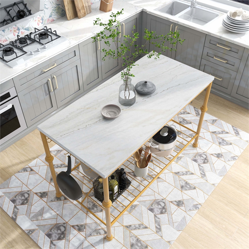 Bowery Hill Modern Marble Top Kitchen Island in Gold and White