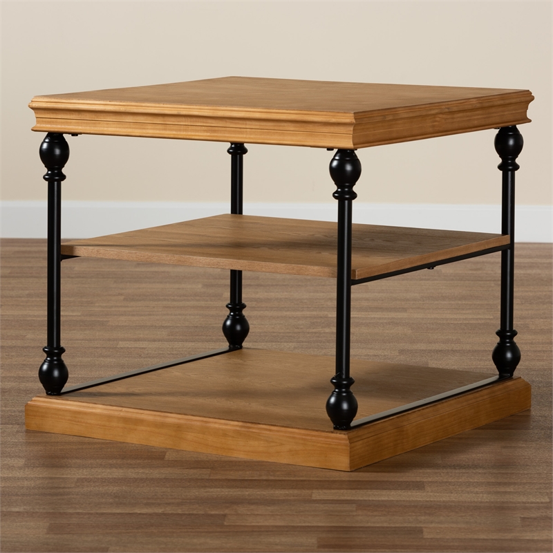 Bowery Hill Modern Oak Brown Wood and Black Metal 3-Tier End Table