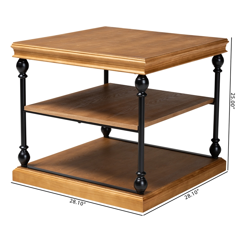 Bowery Hill Modern Oak Brown Wood and Black Metal 3-Tier End Table