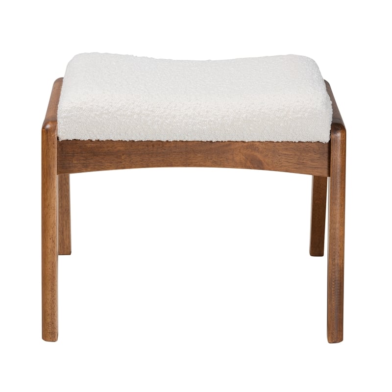 Bowery Hill White Boucle Upholstered and Brown Wood Ottoman Footstool