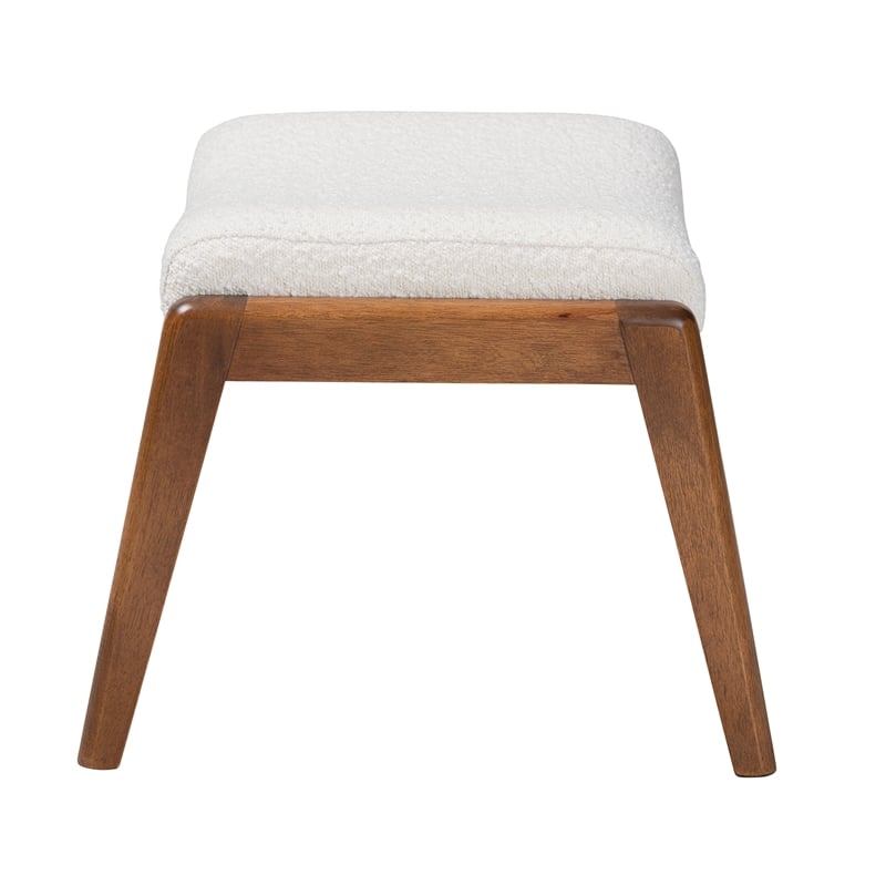 Bowery Hill White Boucle Upholstered and Brown Wood Ottoman Footstool