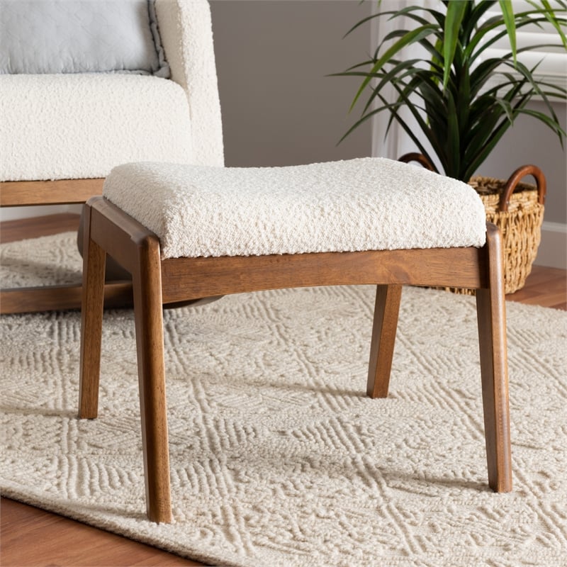 Bowery Hill White Boucle Upholstered and Brown Wood Ottoman Footstool