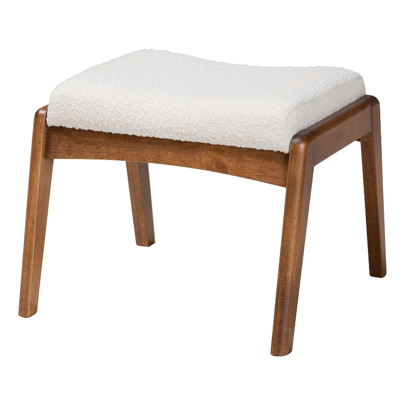 Bowery Hill White Boucle Upholstered and Brown Wood Ottoman Footstool