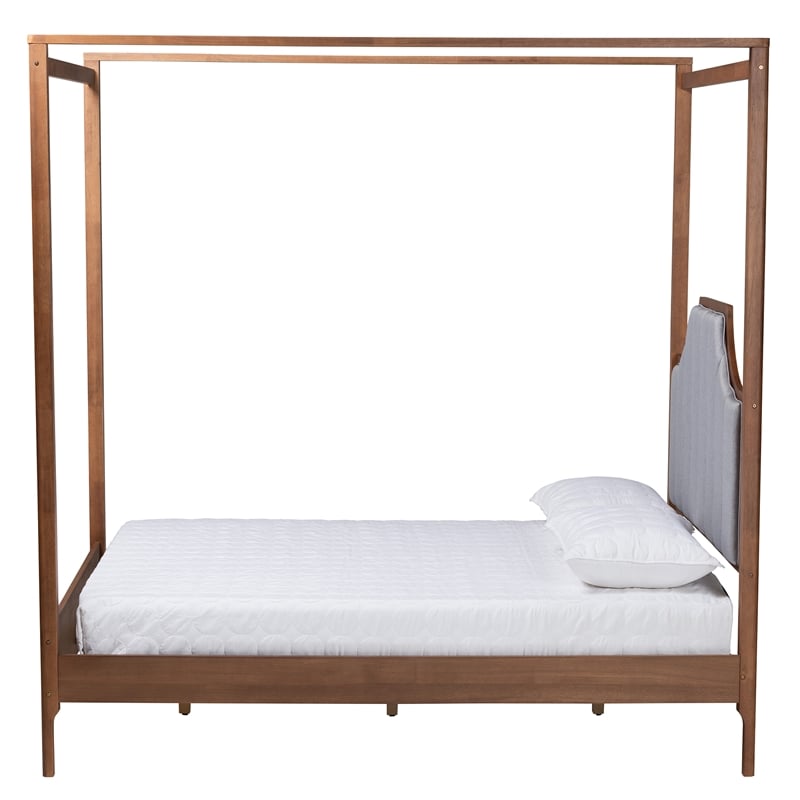 Bowery Hill Gray Fabric and Walnut Wood Queen Size Platform Canopy Bed