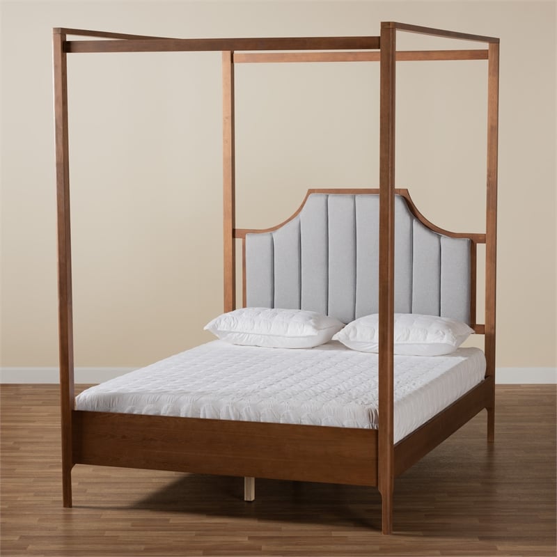 Bowery Hill Gray Fabric and Walnut Wood Queen Size Platform Canopy Bed
