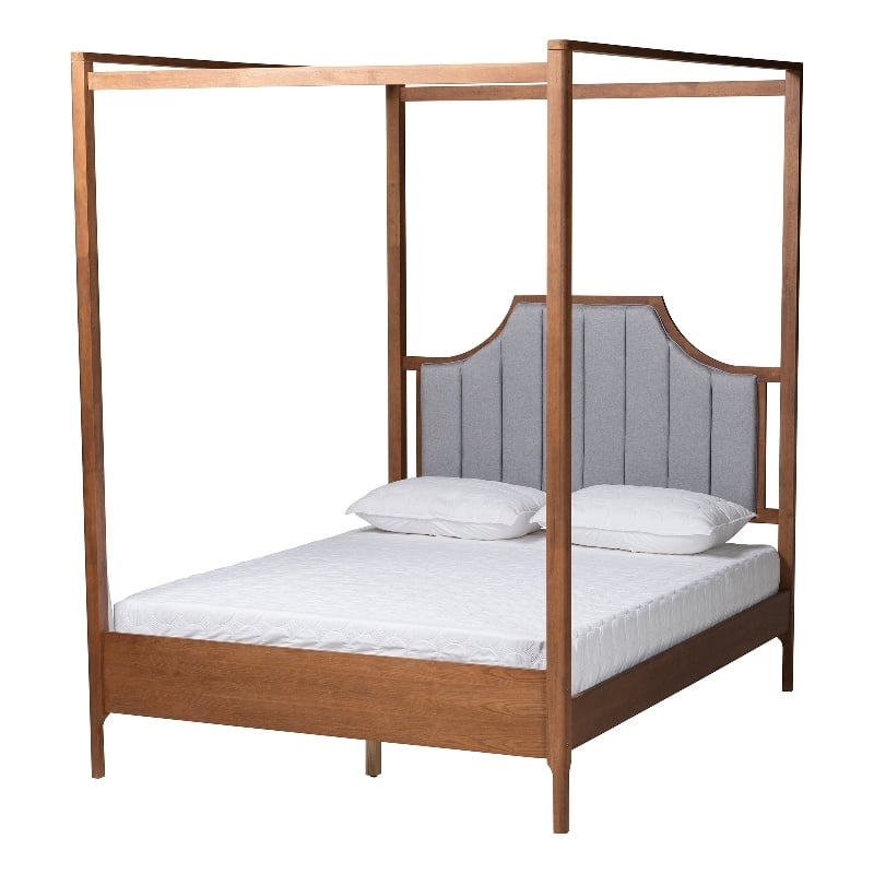Bowery Hill Gray Fabric and Walnut Wood Queen Size Platform Canopy Bed
