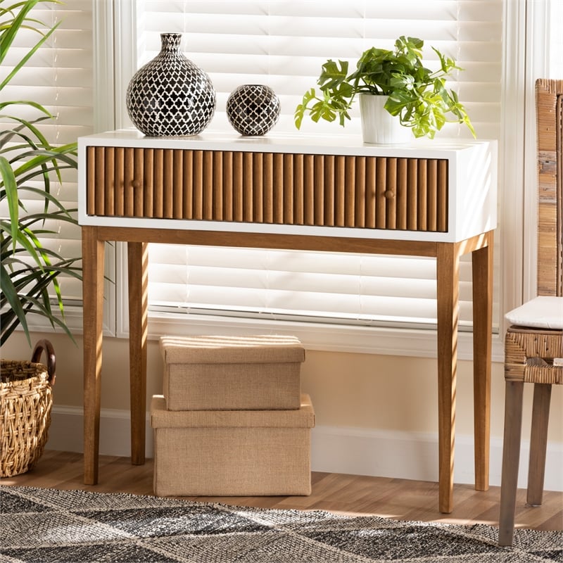 Bowery Hill Two-Tone Brown and White Bayur Wood 1-Drawer Console Table