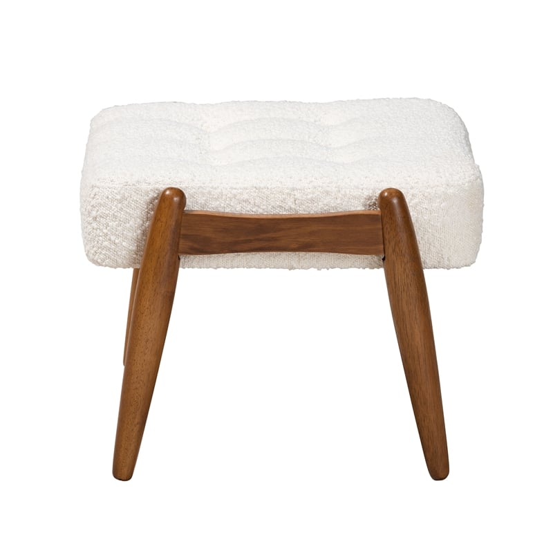 Bowery Hill Cream Boucle Fabric and Brown Rubberwood Ottoman Footstool