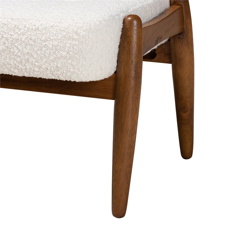 Bowery Hill Cream Boucle Fabric and Brown Rubberwood Ottoman Footstool