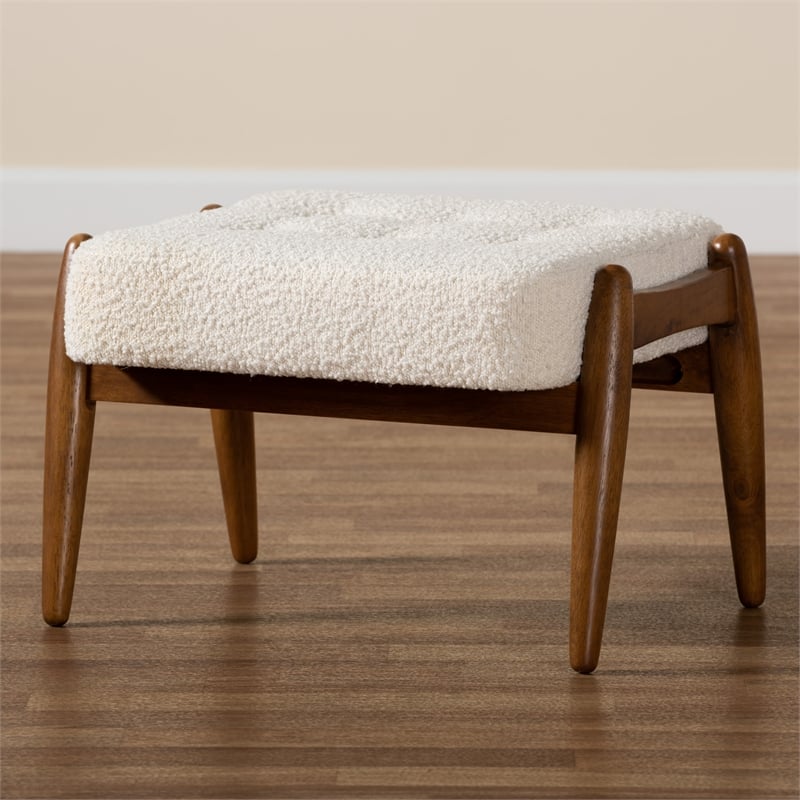 Bowery Hill Cream Boucle Fabric and Brown Rubberwood Ottoman Footstool